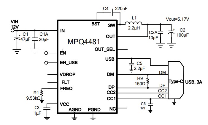 Application Circuit Diagram - Monolithic Power Systems (MPS) MPQ4481 Step-Down Converters